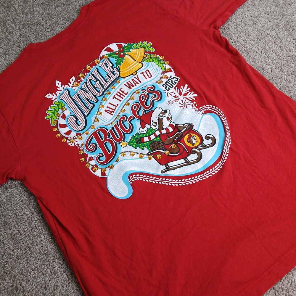 Buc-ee's Christmas 2023 Red Graphic T-Shirt Mens Large Jingle All The Way Beaver